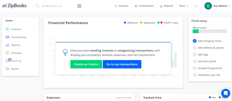 Screenshot of ZipBooks. Source: Tech.co testing