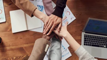A diverse group of hands in an office setting.