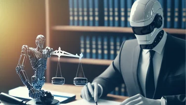 image of a robot lawyer at a desk