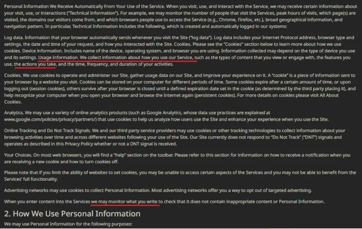 Character AI privacy policy