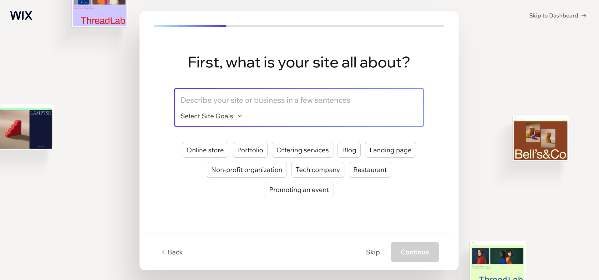 The Wix website editor asks what your site is about