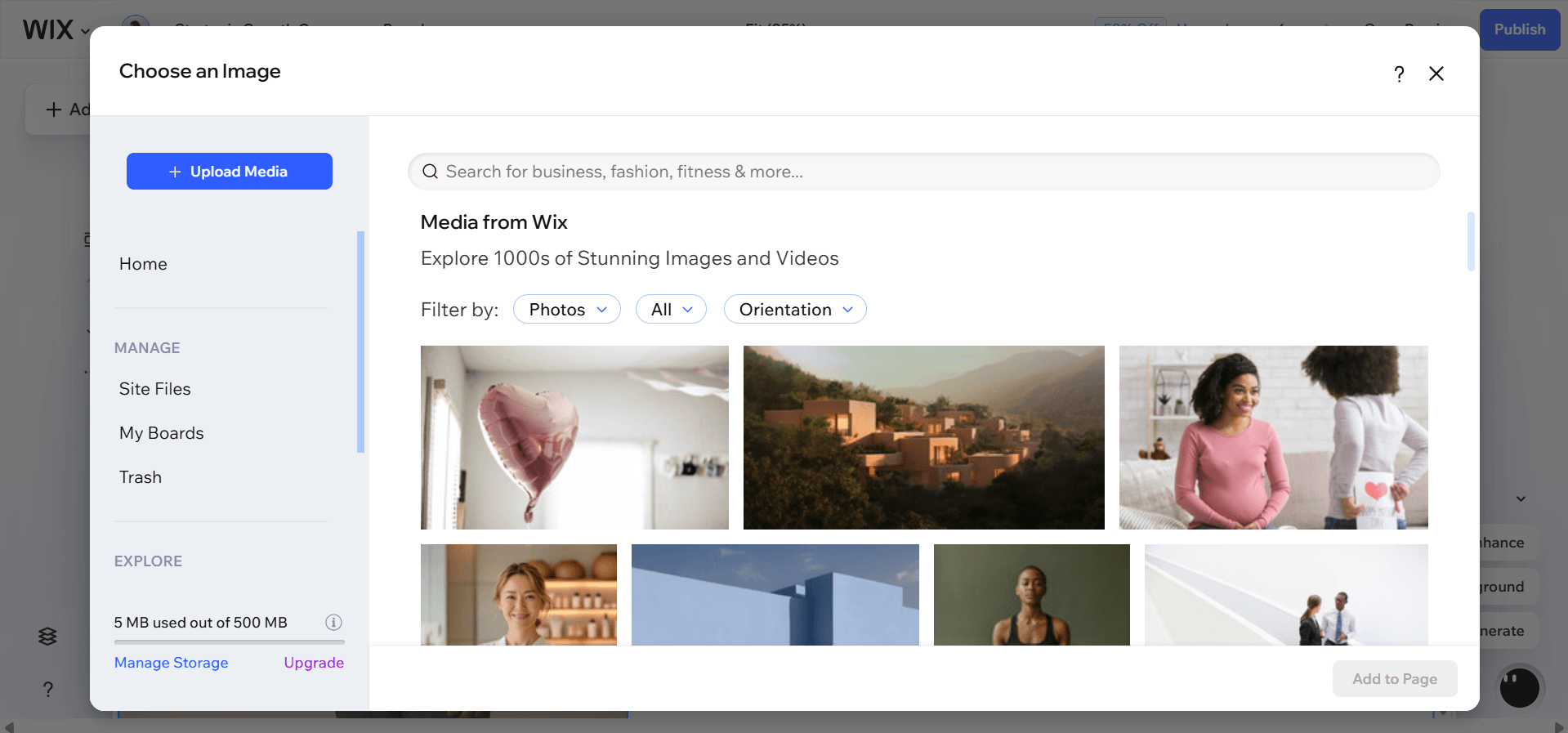 Wix lets users upload or choose from existing images.