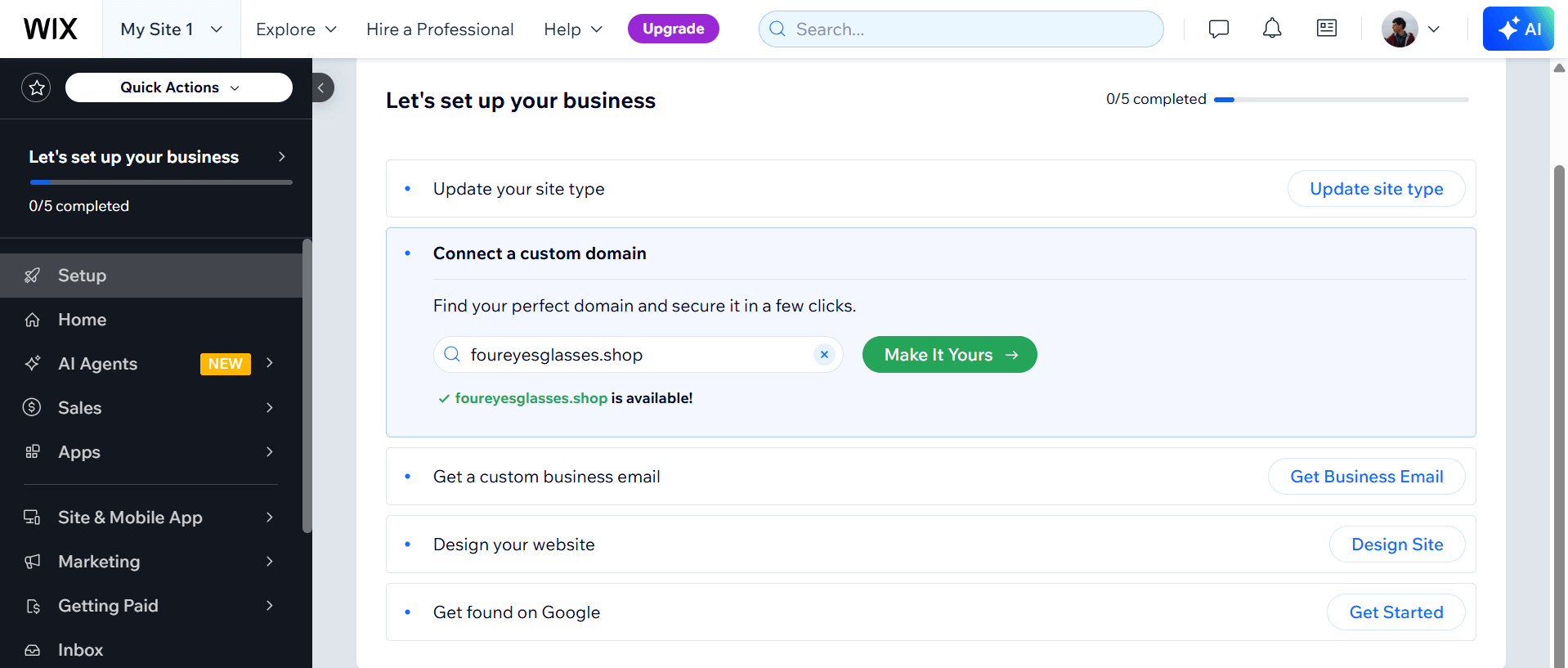 Wix asks users to connect a domain or create a new one.