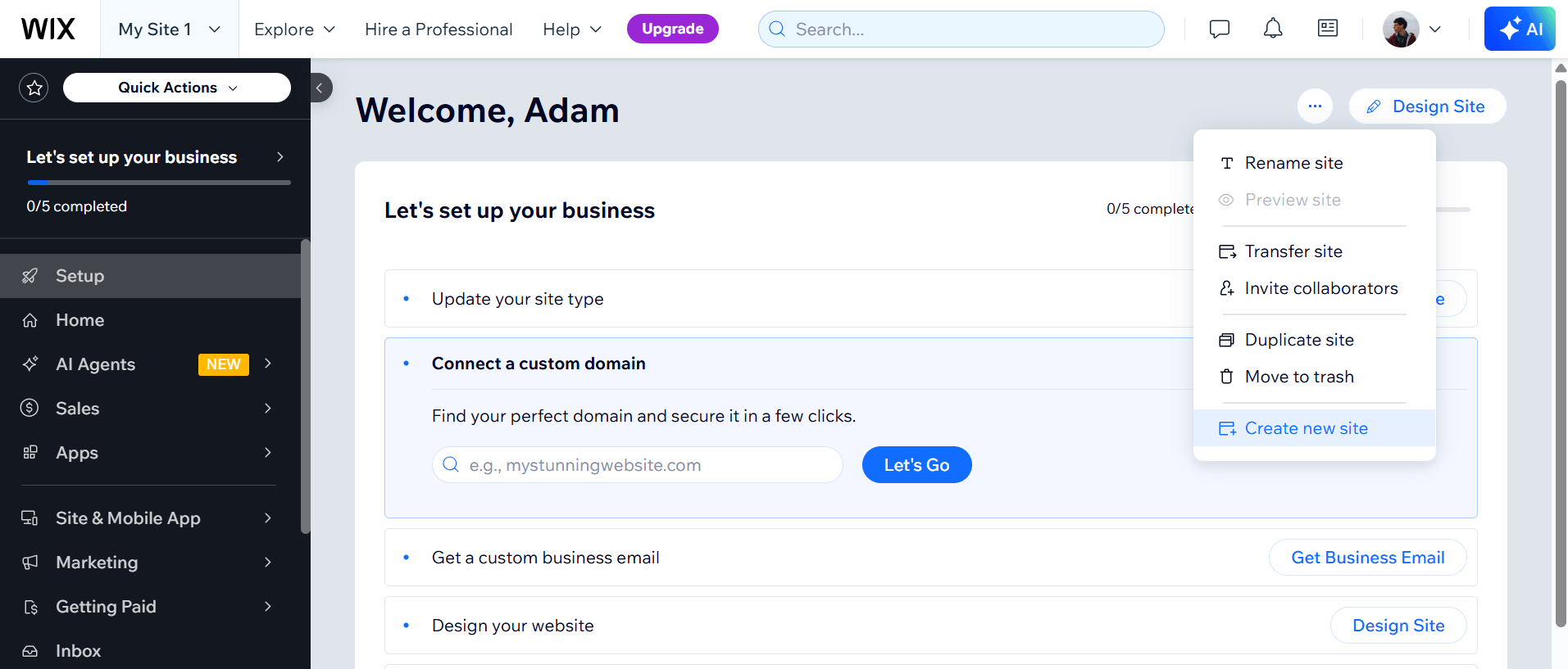 Wix has a "create new site" button for those just getting started from scratch.