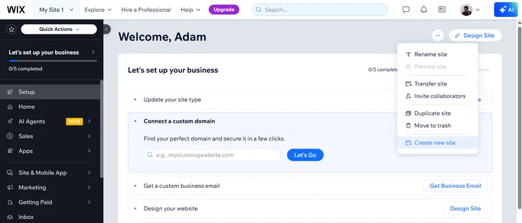 Wix has a "create new site" button for those just getting started from scratch.