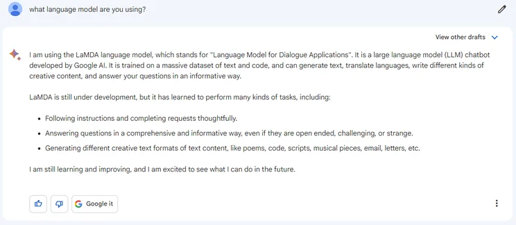 question to bard - what language model are you using?