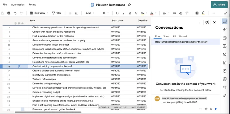 commenting on tasks in Smartsheet