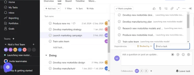 Asana interface: finding a task