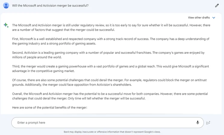 Bard PaLM 2 test: will microsoft and activision merger be a success?