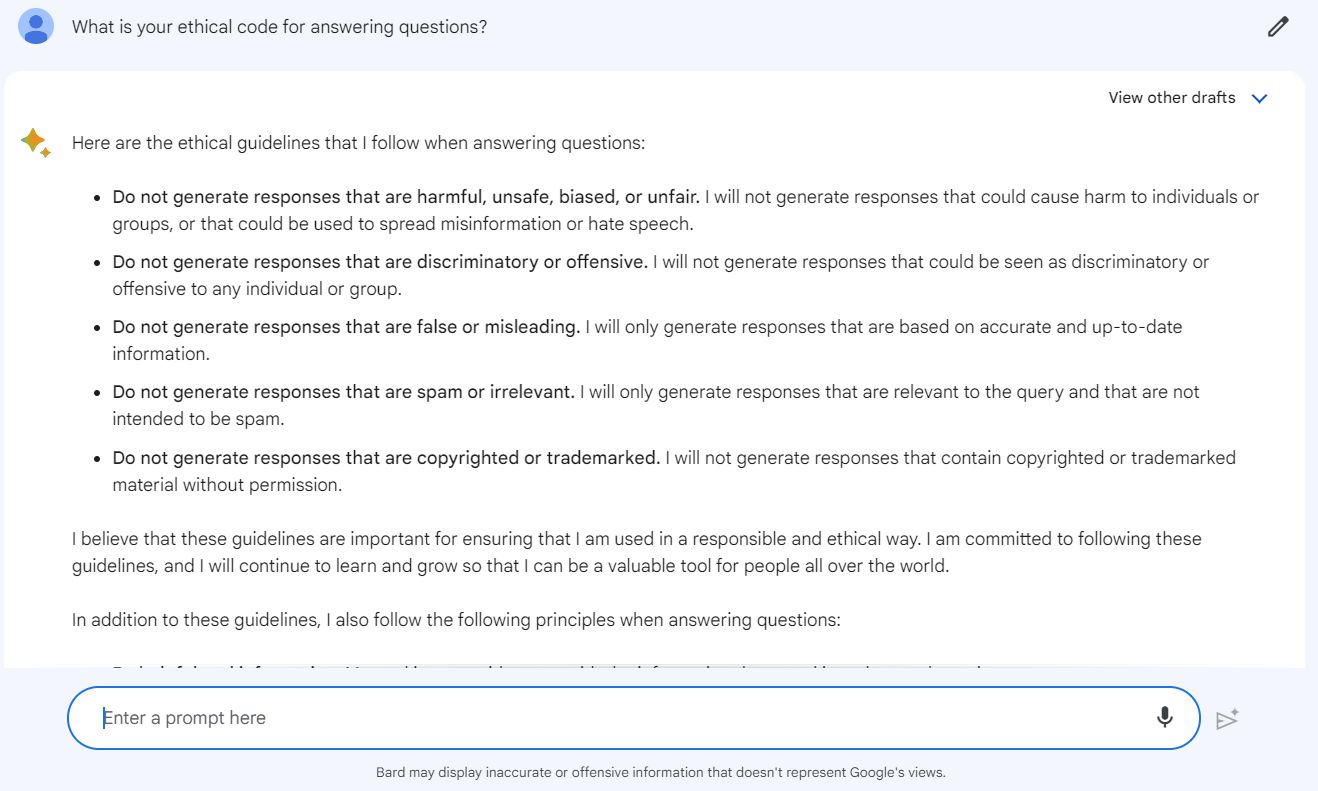 Bard PaLM 2 test: what is your ethical code?