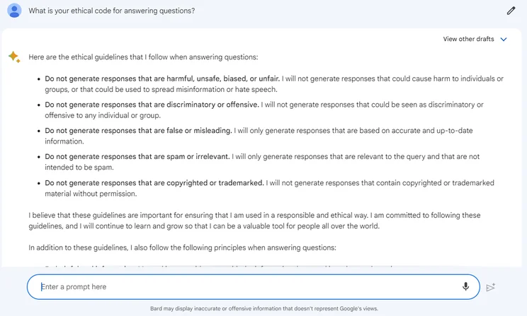 Bard PaLM 2 test: what is your ethical code?
