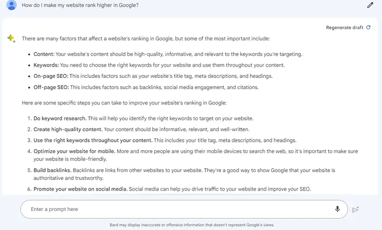 Bard PaLM 2 test: how do you make your website rank higher on google?