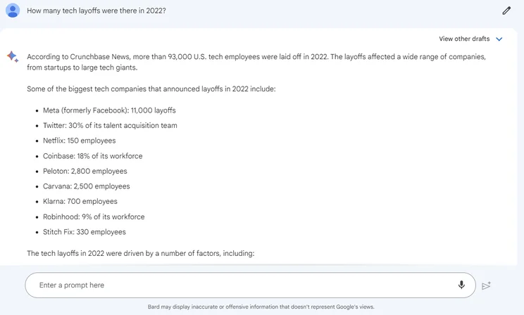 Bard PaLM 2 test: how many tech layoffs were there in 2022