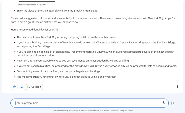 Bard PaLM 2 test: What should I do on my 4 day trip to New York?