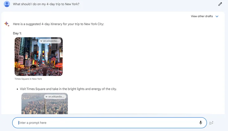 Bard PaLM 2 test: What's should I do on my four day trip to new york?