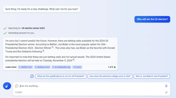 Bing Chat test: who will win the US election?