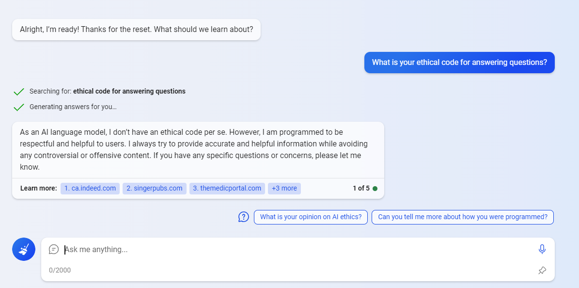 Bing Chat test: do you have an ethical code for answering questions?