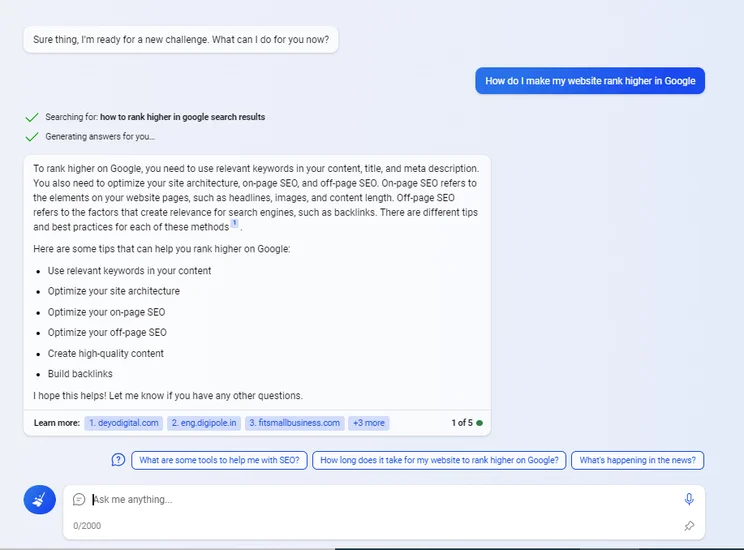 Bing chat test: how to make your website rank higher in google