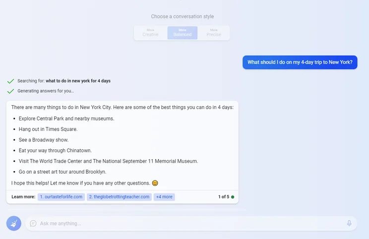 Bing chat test: what should I do on my 4 day trip to new york