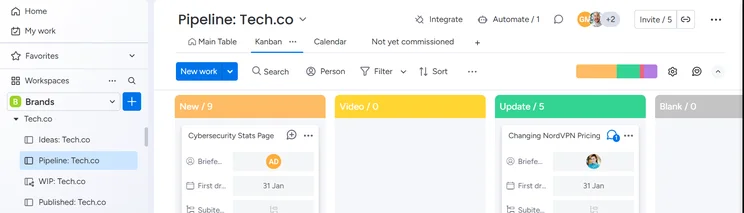 Screenshot of monday.com Kanban view. Source: Tech.co testing