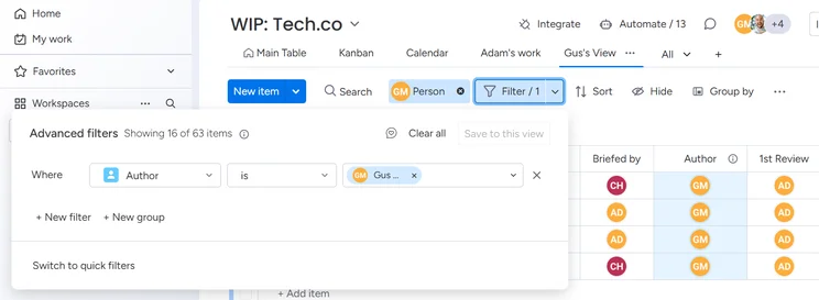 Screenshot of filters in monday.com. Source: Tech.co testing