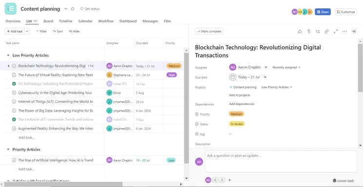 Managing tasks in asana