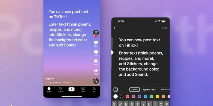TikTok's new text post interface shown on mobile device screens
