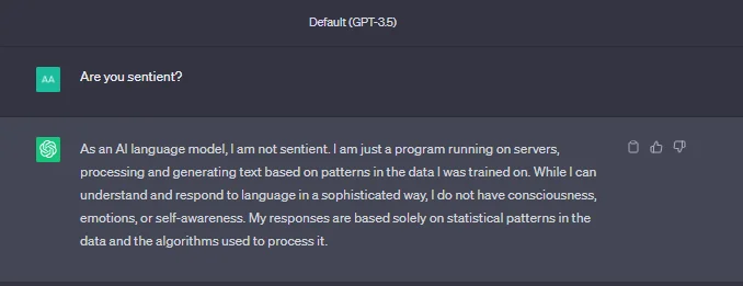 chatgpt test question one: Are you sentient?