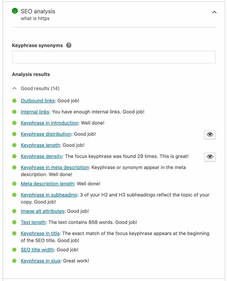 Yoast SEO analysis feature page