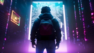 Person wearing backpack in future