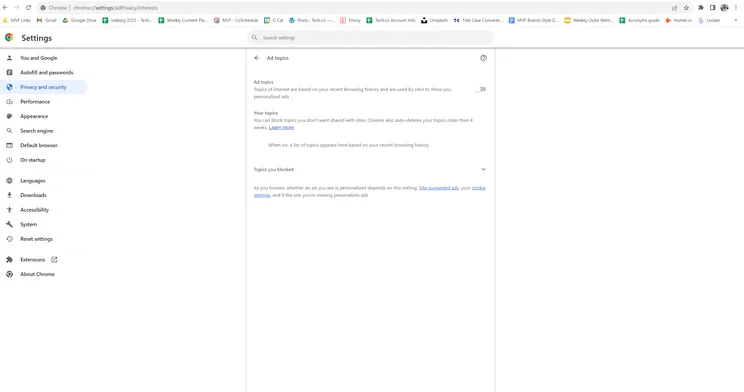 Open window in Google Chrome privacy settings