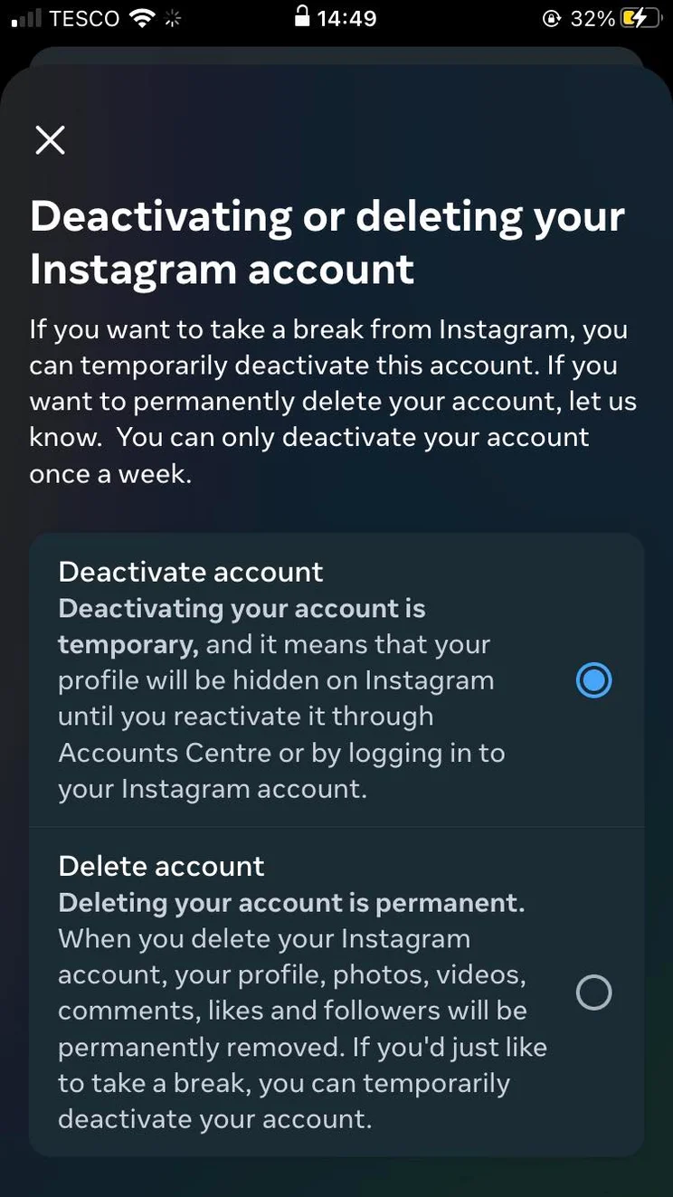 How to delete and deactivate Instagram on iOS: Step 7