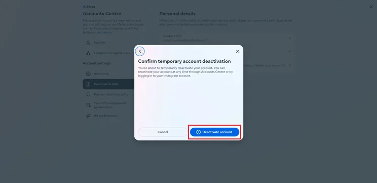 How to deactivate Instagram on desktop: Confirm deactivation