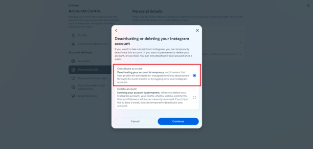 How to deactivate Instagram on desktop: Select "deactivate account"