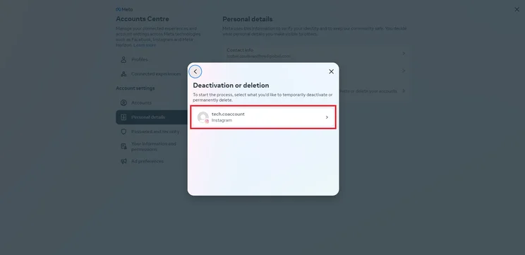 How to deactivate Instagram on desktop: Select account