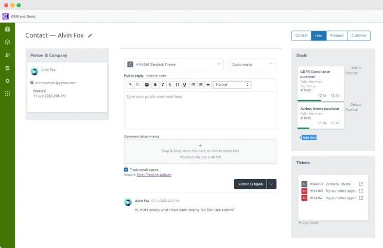 Zendesk CRM: leads profile