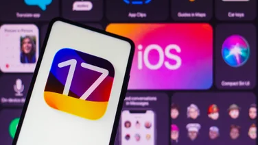 Logo of Apple operating system, iOS 17, seen displayed on a smartphone screen.