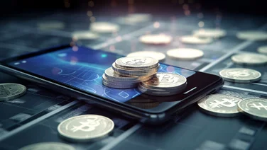 cryptocurrency coins on a phone
