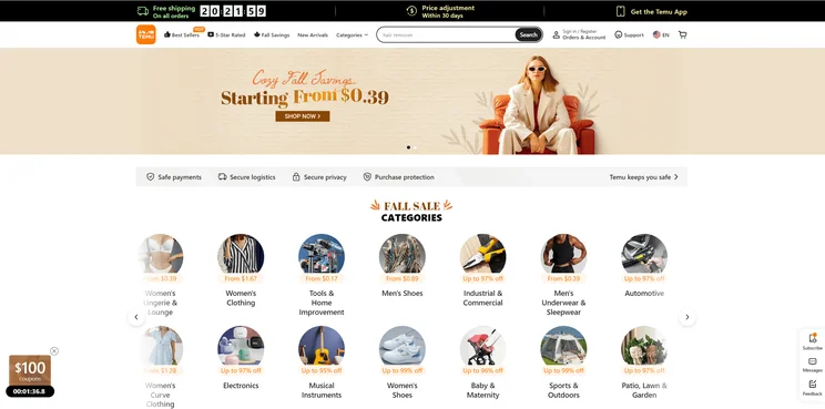 Temu US homepage featuring items for sale