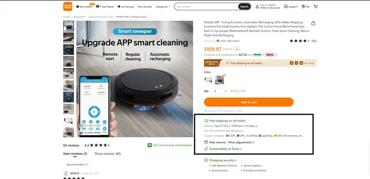 A product page on the Temu website with the delivery window highlighted