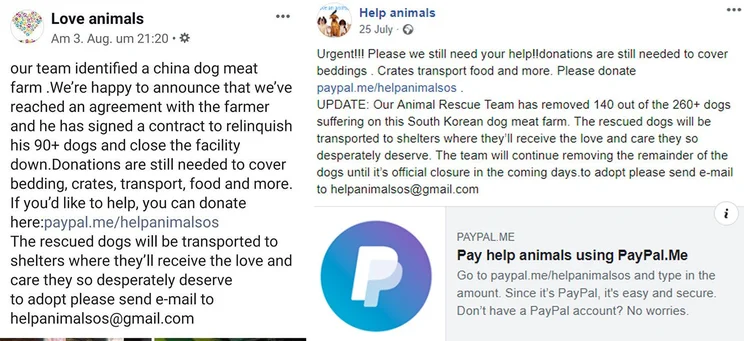 Examples of fake charity campaigns on Facebook