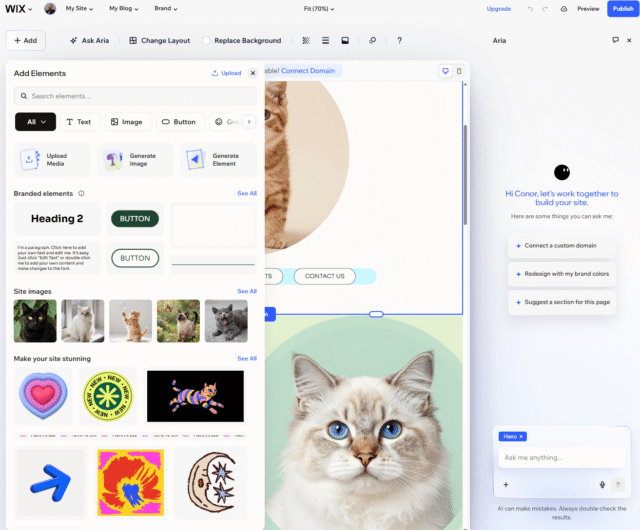 Wix allowed us to easily add elements to our AI-generated site. Source: Tech.co testing