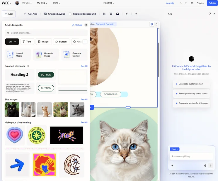Wix allowed us to easily add elements to our AI-generated site. Source: Tech.co testing