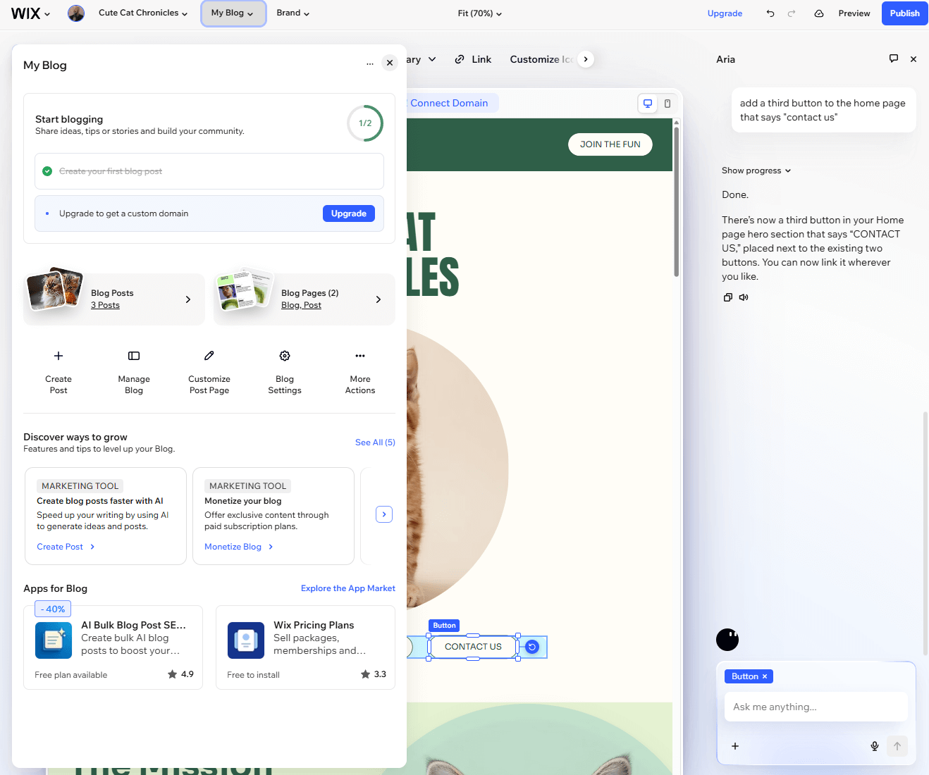 We were able to easily add blog posts directly to our AI-generated site on Wix Harmony. Source: Tech.co testing