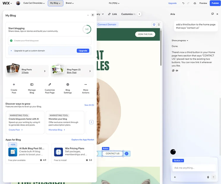 We were able to easily add blog posts directly to our AI-generated site on Wix Harmony. Source: Tech.co testing