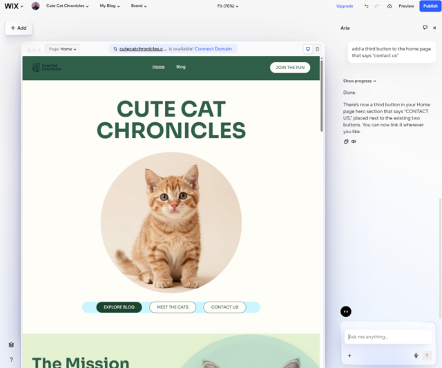 Wix Harmony allowed us to make edits to our site, like adding a button, with natural language prompts. Source: Tech.co testing
