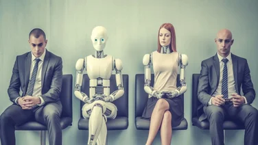 Men in suits waiting next to robots and humanoid illustrating the concept of AI jobs