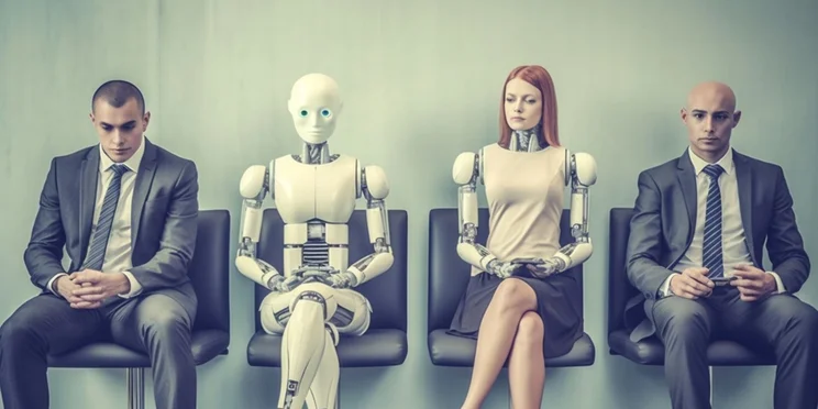 Men in suits waiting next to robots and humanoid illustrating the concept of AI jobs