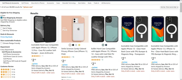 Screenshot of iPhone cases for sale on the Amazon US website during Prime Day October 2023