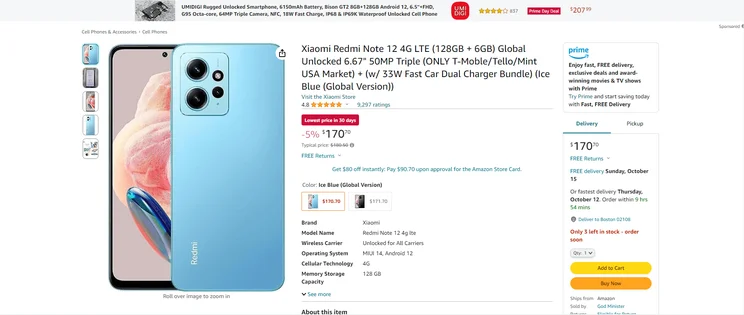 Redmi Note 12 smartphone on sale on Amazon US